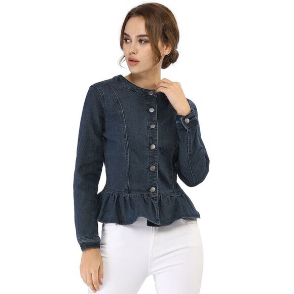 Women's Peplum Denim Jackets Collarless Round Neck Blue - Picture 3 of 6
